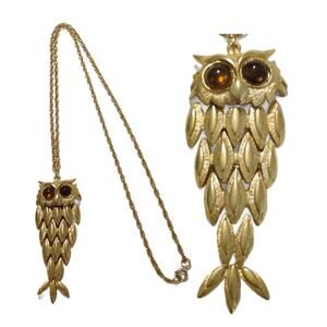 Vintage Goldtone Articulated Owl Pendant Necklace with Amber Cabochon Eyes 1970s